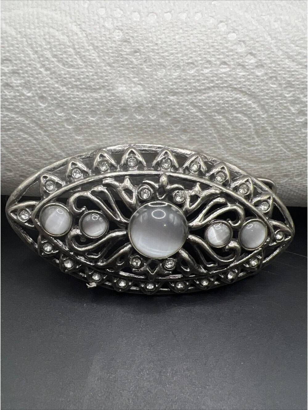 Women’s Belt Buckle.   Dark Gray With Faux Pearls.